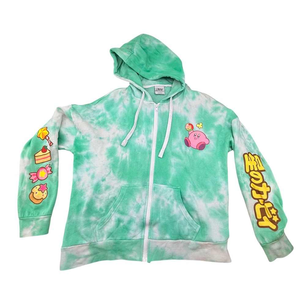 Kirby Nintendo Tie Dye Zip Up Hoodie Green White Dream Land Picnic Large
